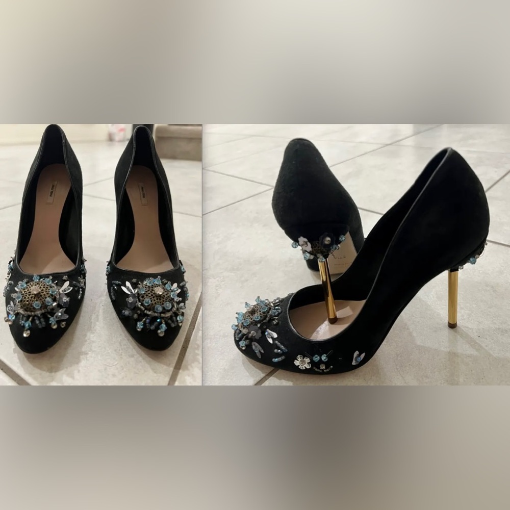 HOT Miu Miu beaded sequin embellished jewel suede gold heel black pump shoes!